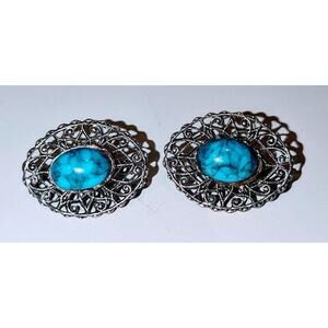 Vintage Filigree Antiqued Silver Tone Turquoise Oval Clip-on Earrings
